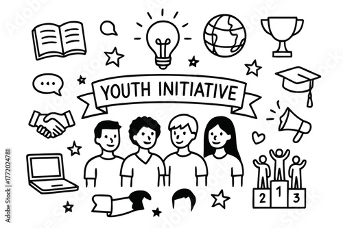 Youth Initiative Doodle. Youth Initiative. Hand-drawn doodle illustration Youth Initiative young people, lightbulb, books, laptop, banner, globe, stars, speech