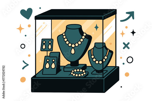Elegant Jewelry Display. Jewelry shop display. Elegant glass case glowing with necklaces, earrings, and bracelets arranged like treasures. Soft reflections and