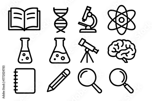 Scientific Learning Icons. Scientific learning. Line icon set of scientific learning: open book, DNA strand, microscope, atom, test tube, beaker, telescope,