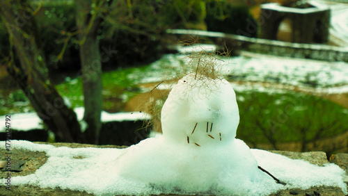Melting snowman lying in a puddle of slush