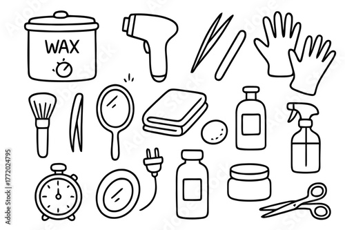 Beauty Tools Doodles. Beauty technician tools. Hand-drawn doodle illustration Beauty technician tools wax pot, laser handle, tweezers, spatula, gloves, brush,