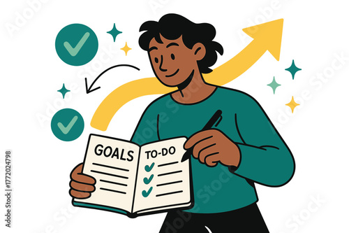 Goal-Setting Planner Scene. A person setting goals and writing a to-do list in a planner for self-improvement. Individual jotting down daily tasks and goals