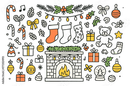 Festive Fireplace Scene. Children?s stockings. Hand-drawn doodle illustration Christmas stockings (colored), fireplace (colored), mantel (colored), candy canes