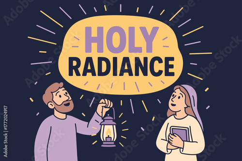 Radiant Banner Illustration. Holy radiance banner, flat vector illustration, bold oversized text inside rounded blob, cartoon characters standing and gazing