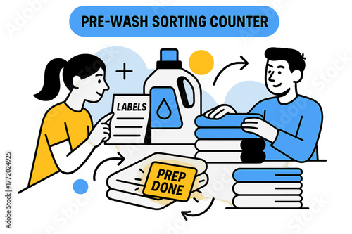 Pre-Wash Sorting Counter. Pre-Wash Sorting Counter. A clean countertop layout with detergent, labels, and folded stacks; ?Prep Done? tag glows softly near a