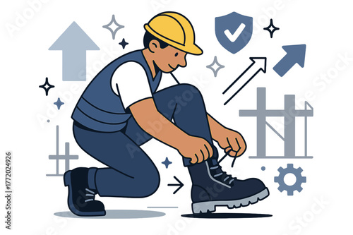 Safety Boots in Action. Boot. Worker putting on safety boots at construction site with abstract floating arrows, icons, and sparkles; conveys protection, work