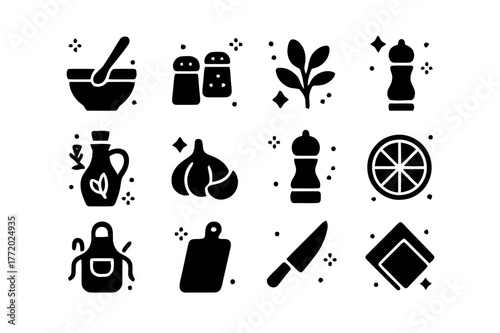 Culinary Icon Grid. Culinary Crafting. Solid icons set of Culinary Crafting: mixing bowl, spoon stirring, spices, herbs, olive oil bottle, garlic clove, pepper