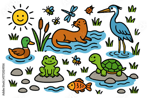River Wildlife Doodle. River wildlife. Colorful Hand-drawn doodle Children illustration River wildlife otter, duck, frog, turtle, fish, heron, reeds, insects,