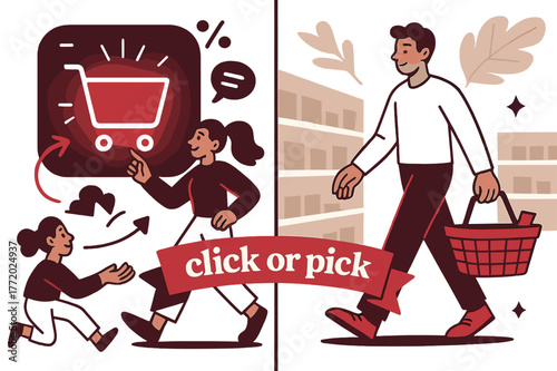 Shopping Choice Dilemma. Shopping Habits ? Online Cart vs Aisle. Split scene: left shows a glowing cart icon; right shows a calm aisle with a basket. Ribbon