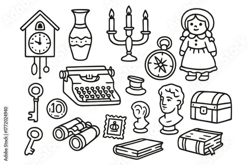 Antique Collectibles Doodles. Antique collectibles. Hand-drawn doodle illustration antique collectibles clock, vase, candlestick, porcelain doll, typewriter,
