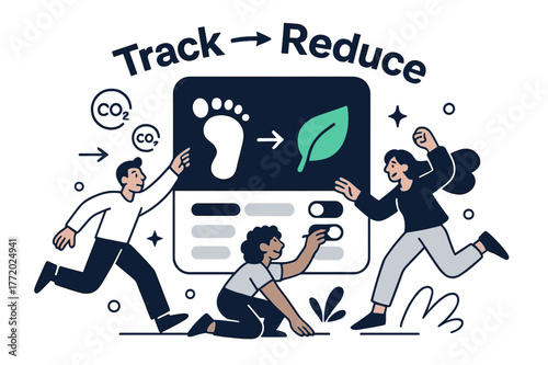 Carbon Reduction Dashboard. Carbon footprint tracking. A dashboard lights up with CO? bubbles shrinking as actions toggle on; ?Track > Reduce? arcs above. A