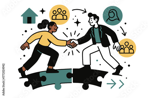 Unified Puzzle Bridge. Coalition building. Two figures shaking hands across a bridge of puzzle pieces; icons of different communities glowing around them.
