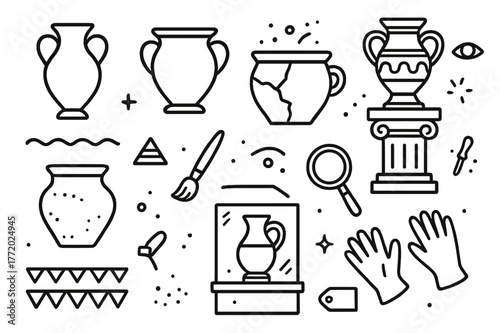 Antique Pottery Icons. Antique pottery. Hand-drawn doodle illustration antique pottery amphora, urn, cracked pot, museum pedestal, brush, ancient symbols, clay