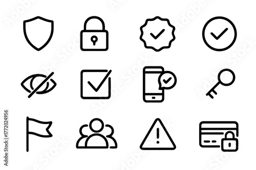 Trust & Safety Icons. Trust & Safety UX. Line icon set of Trust & Safety UX: shield, lock, check badge, verified tick, privacy eye off, consent checkbox, two