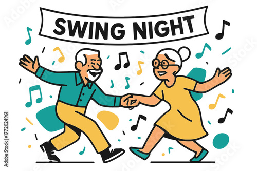 Swing Dance Celebration. Old age ? Community dance night. Quick footwork and big smiles; music notes scatter like confetti around swinging arms. A banner