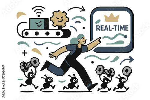Smart Factory Dynamics. IoT & smart operations. Sensors wink on factory lines as waves connect devices; a dashboard crown says ?Real-time?. Tiny bots carry