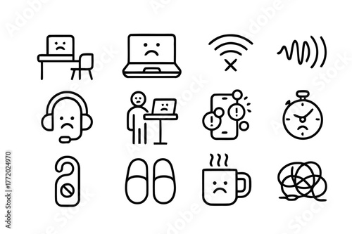 Remote Work Icons. Remote work stress. Line icon set of remote work stress: home desk, laptop camera, weak wifi, background noise waves, headset, standing