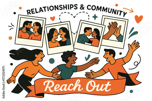 Community Connections Vision. Vision Board ? Relationships & Community. Polaroids show shared moments; dotted heart lines connect photos in a loop. Caption