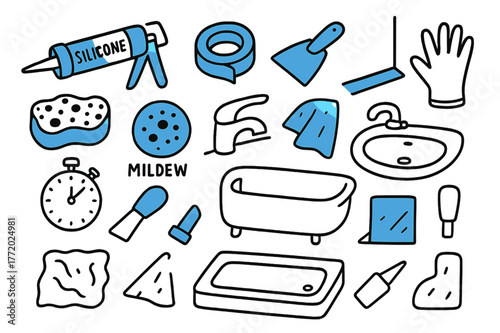 Bathroom Caulking Tools. // Bathroom caulking & sealing. Hand-drawn doodle illustration bathroom caulking & sealing [caulk gun (accented), silicone tube