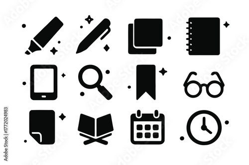 Reading Tools Icons. Reading and Study Tools. Solid icons set of Reading and Study Tools: highlighter, pen, sticky notes, notebook, tablet,