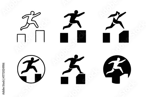 Parkour Logo Variations. Urban parkour. Set Logo of Urban parkour: rooftop leap silhouette. harmonious logo variations of the same emblematic concept, each