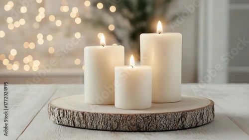 Elegant candles on wooden base create warm ambiance with cozy light in serene setting
