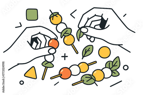 Dynamic Caprese Artistry. Caprese Skewers. Hands assembling caprese skewers with cherry tomatoes, mozzarella balls, and basil with floating abstract geometric