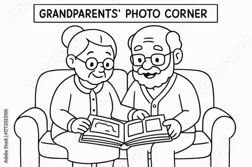 Grandparents' Cozy Album. Grandparents? photo corner children?s coloring book illustration, outlined drawing, an elderly couple sitting on a couch looking at