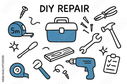 DIY Repair Tools. // DIY repair. Hand-drawn doodle illustration DIY repair [toolbox (accented), tape measure (accented), screw (accented), screwdriver, nails,