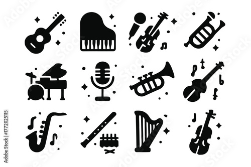 Musical Instruments Icons. Music instruments. Solid icons set of Music instruments: guitar, piano, violin, drums, microphone, trumpet, saxophone, flute, harp,