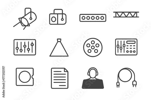 Stage Lighting Icons. Stage Lighting. Line icon set of Stage Lighting: spotlight, floodlight, LED bar, rig truss, dimmer board, light beam, gobo pattern,
