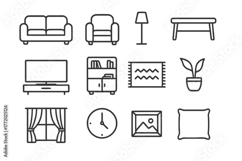 Living Room Icons. Living Room. Line icon set of Living Room: sofa, armchair, floor lamp, coffee table, TV, bookshelf, rug, plant pot, window curtains, clock,