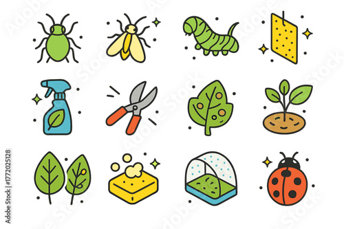 Pest Control Icons. Pest and disease control. Colorful isometric vector icons set of Pest and disease control: aphid insect, whitefly, tomato hornworm, yellow