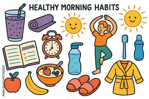 Vibrant Morning Routine. Healthy morning habits. Colorful Hand-drawn doodle Children illustration Healthy morning habits smoothie glass, yoga mat, sun, alarm
