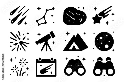 Meteor Shower Icons. Meteor showers. Solid icons set of Meteor showers: streaking meteors, constellation, night sky, shooting star, radiant point, telescope,