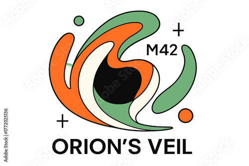 Orion's Veil Illustration. Orion?s Veil. Layered plumes curve around a dark core; ?M42? hovers in thin type with tiny star crosshairs. Dust filaments sweep in