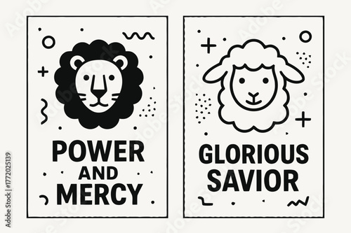 Lion and Lamb Banners. Lion and Lamb. Two vertical A6 banners with safe margins, centered composition, no elements touching edges, memphis, black and white,