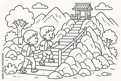 Mountain Shrine Adventure. Mountain shrine hike children?s coloring book illustration, outlined drawing, kids climbing gentle steps with railings toward a tiny