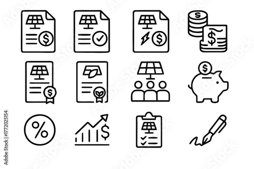 Solar Financing Icons. Solar financing. Line icon set of solar financing: loan document, lease contract, ppa agreement, grant money, tax credit certificate,
