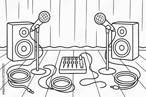 Stage Setup Coloring Page. Sound check preparation children?s coloring book illustration, outlined drawing, microphones and speakers placed on an empty stage