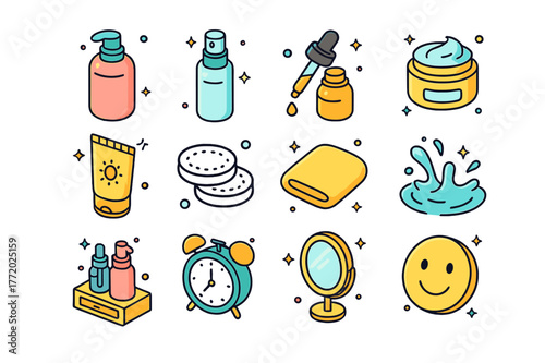 Isometric Skincare Icons. Daily skincare routine. Colorful isometric vector icons set of Daily skincare routine: cleanser bottle, toner spray, serum dropper,