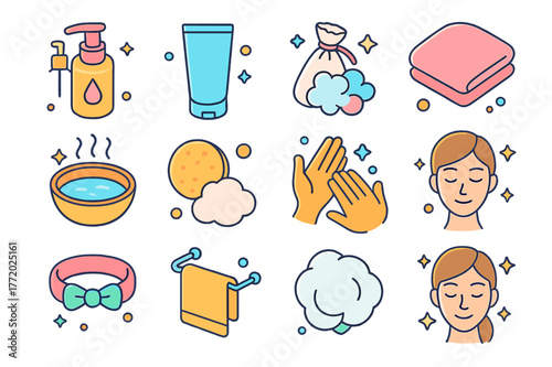 Face Cleansing Essentials. Face cleansing essentials. Colorful isometric vector icons set of Face cleansing essentials: cleansing oil, gel cleanser, foaming