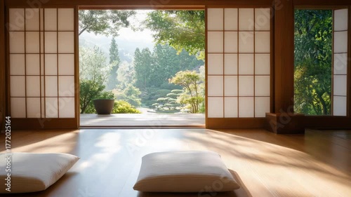 Serene Traditional Room Interior with Tatami Mats Overlooking Peaceful Garden View