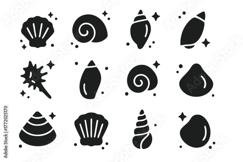 Black Seashell Icons. Beachcombing Seashells. Solid icons set of Beachcombing Seashells: cockle shell, moon snail shell, tulip shell, olive shell, murex shell,