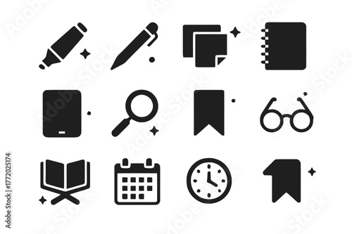 Study Tools Icons. Reading and Study Tools. Solid icons set of Reading and Study Tools: highlighter, pen, sticky notes, notebook, tablet, magnifier, bookmark,