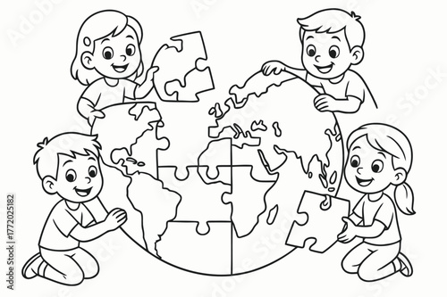 World Map Puzzle. World map puzzle children?s coloring book illustration, outlined drawing, continents shaped as puzzle pieces being placed together by smiling