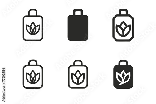 Lotus Luggage Logos. Wellness retreat travel. Set Logo of Wellness retreat travel: lotus over luggage tag. harmonious logo variations of the same emblematic