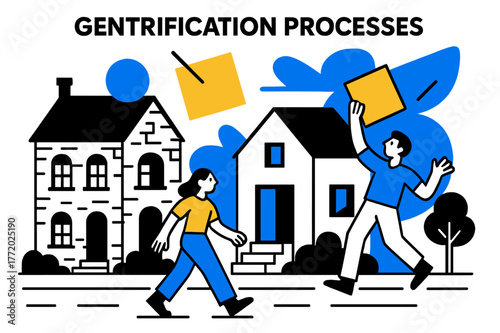 Urban Transformation Artistry. Gentrification Processes. Street with a mix of historic and newly renovated homes with floating abstract geometric shapes,