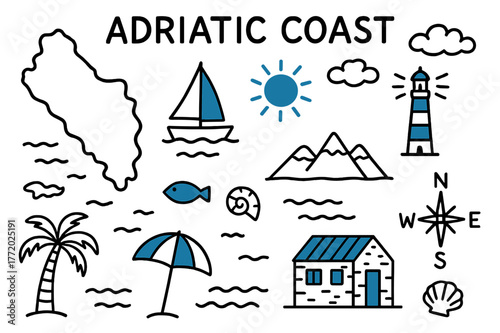 Adriatic Coast Doodle. // Adriatic coast. Hand-drawn doodle illustration Adriatic coast [coastal map (accented), sailboat (accented), lighthouse (accented),