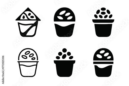 Lunch Logo Variations. Packing lunch. Set Logo of Packing lunch: Yogurt cup with granola topper. Icon set. harmonious logo variations of the same emblematic